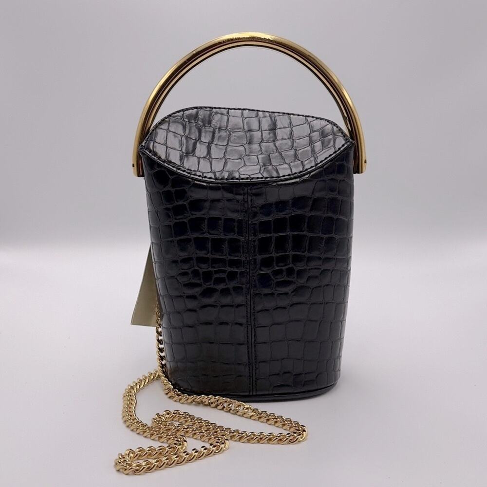 New Stella McCartney Black Croc Embossed Bucket Bag Gold Handle W/ Dust Bag - Picture 12 of 15